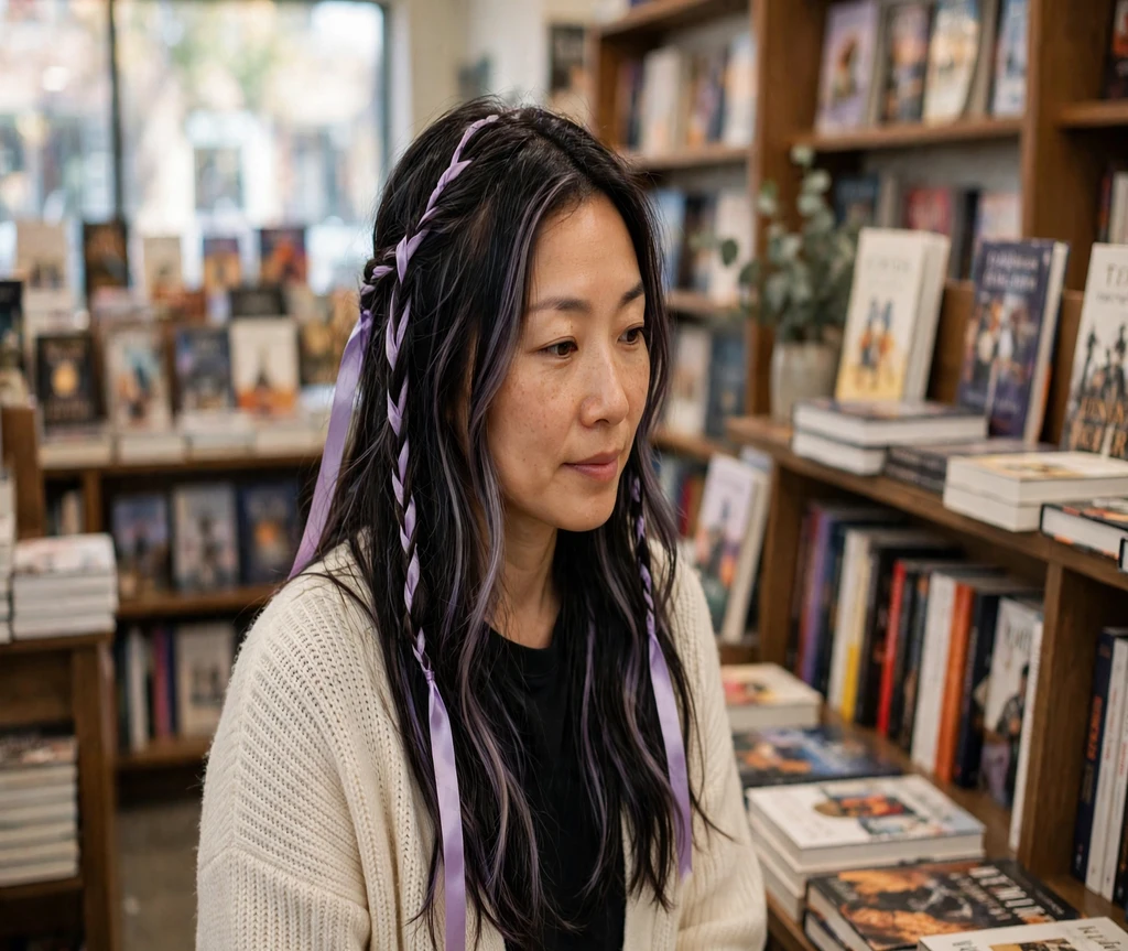 Woman with long dark hair and light purple streaks in a bookstore