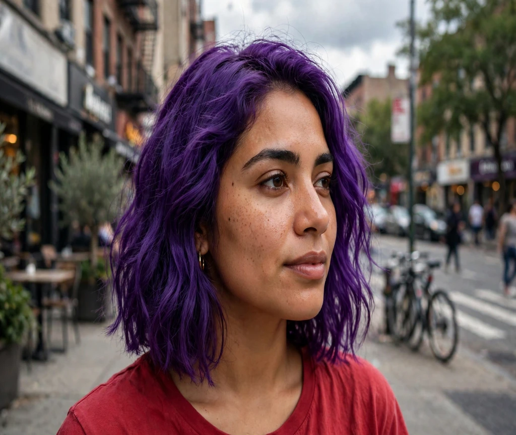 Woman with a rich purple lob on a city street