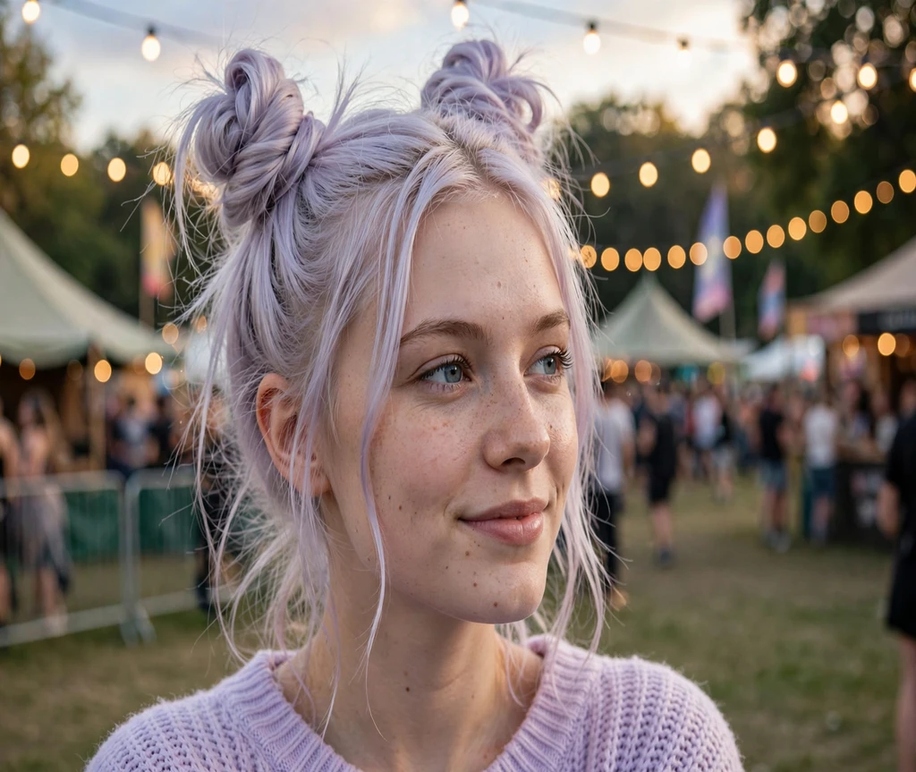 Woman with lavender hair in two space buns at a music festival