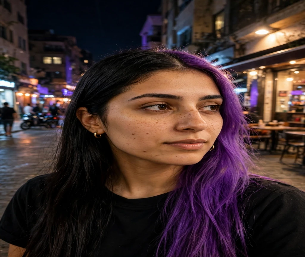 Woman with two tone black and purple split hair on a street at night