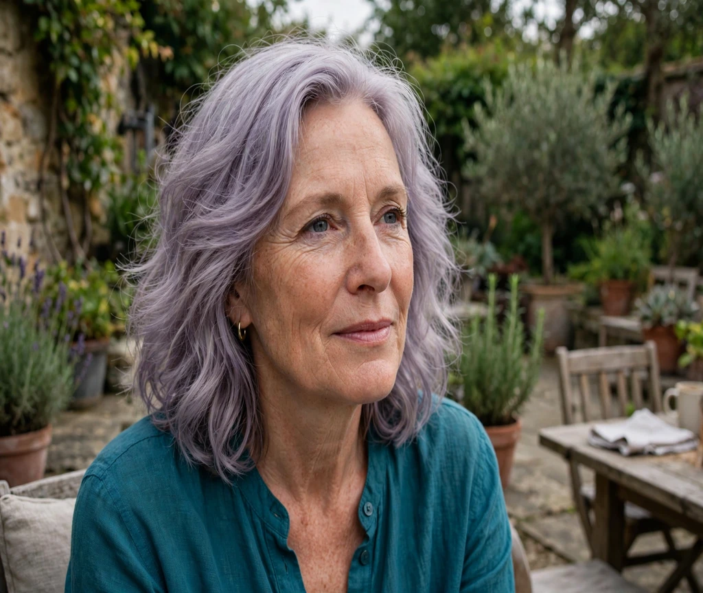 Woman with soft lilac shoulder length waves in a garden patio