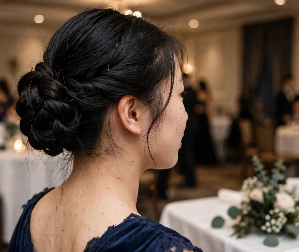Classic twisted prom updo viewed from the back on jet black hair