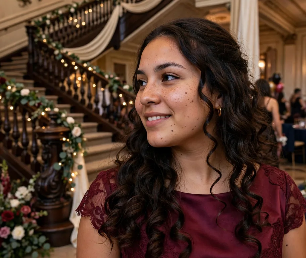 Loose romantic prom curls cascading over one shoulder on dark brown hair