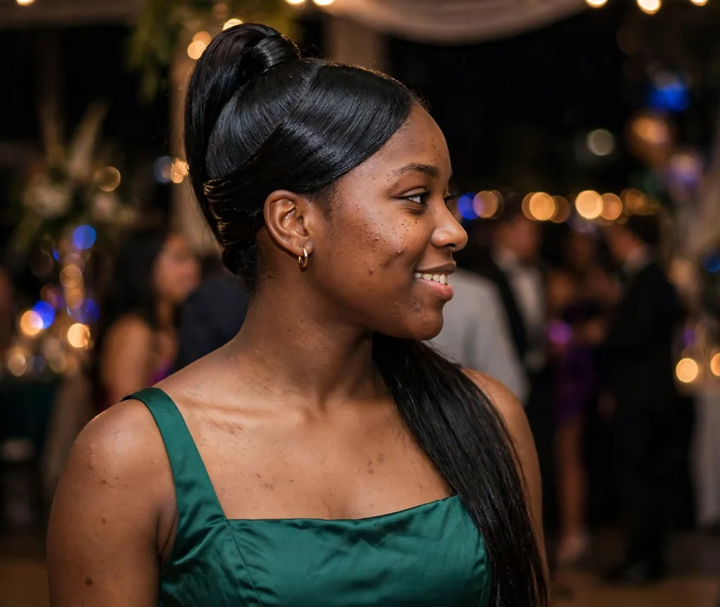 Sleek high prom ponytail with wrapped base on long black hair
