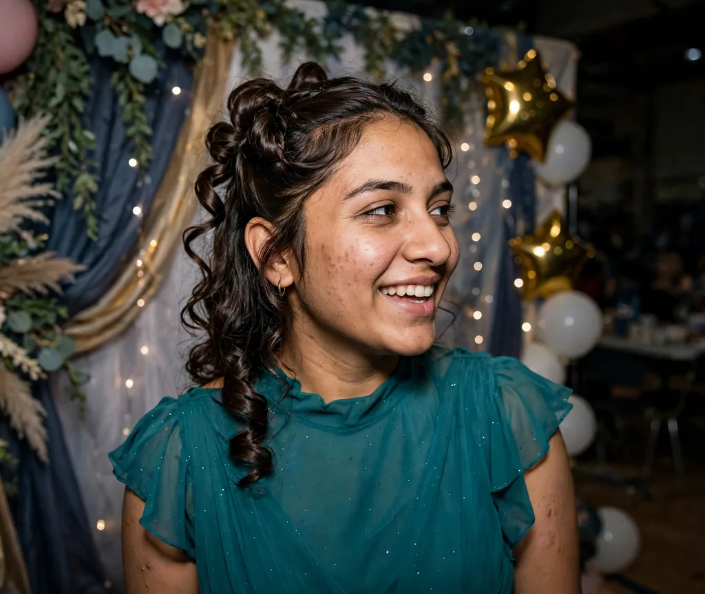 Half-up twisted prom curls with crown volume on dark brown hair