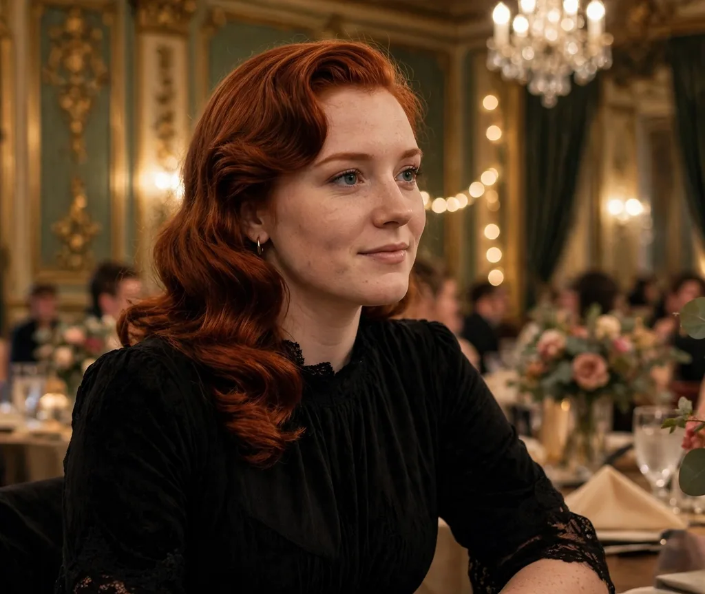 Old Hollywood side-swept prom waves on auburn red hair
