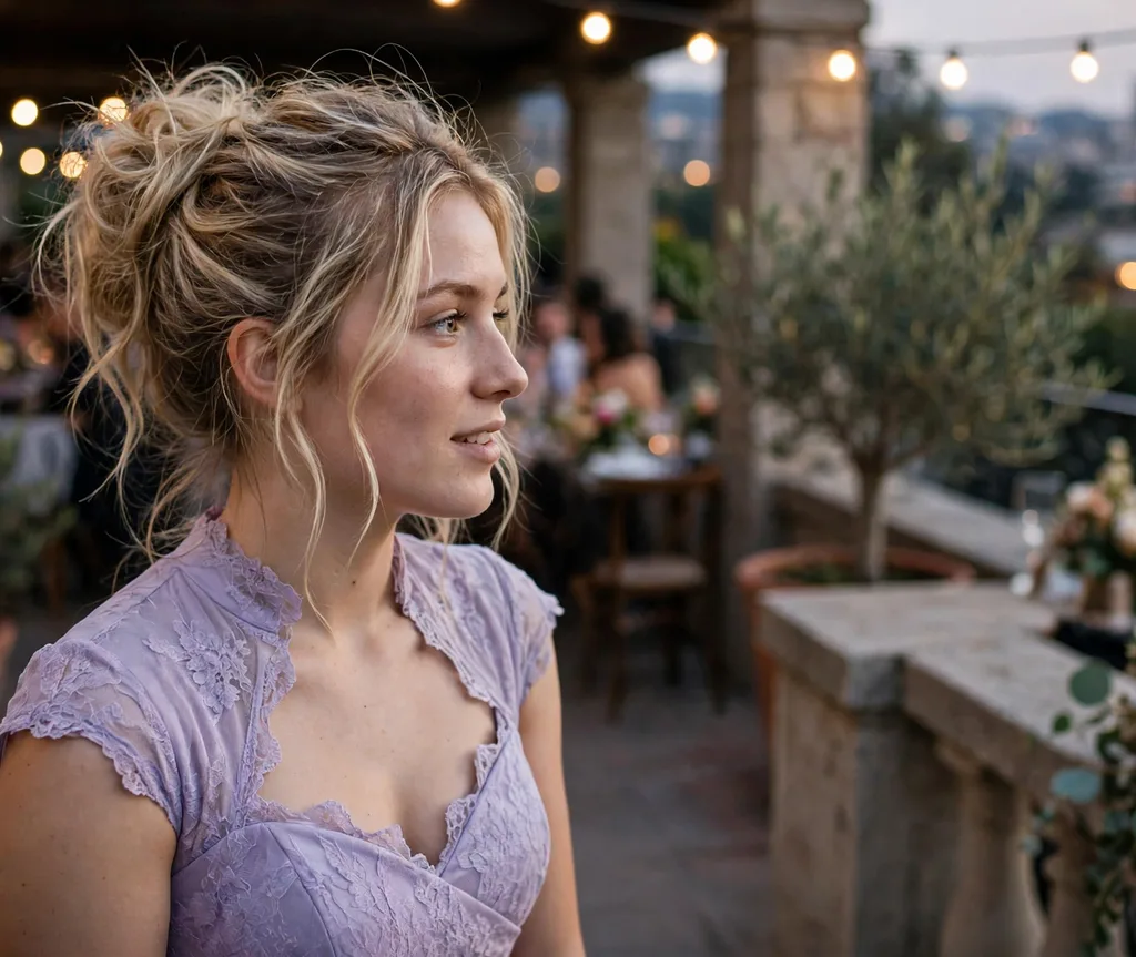 Messy textured prom updo with loose tendrils on dirty blonde hair
