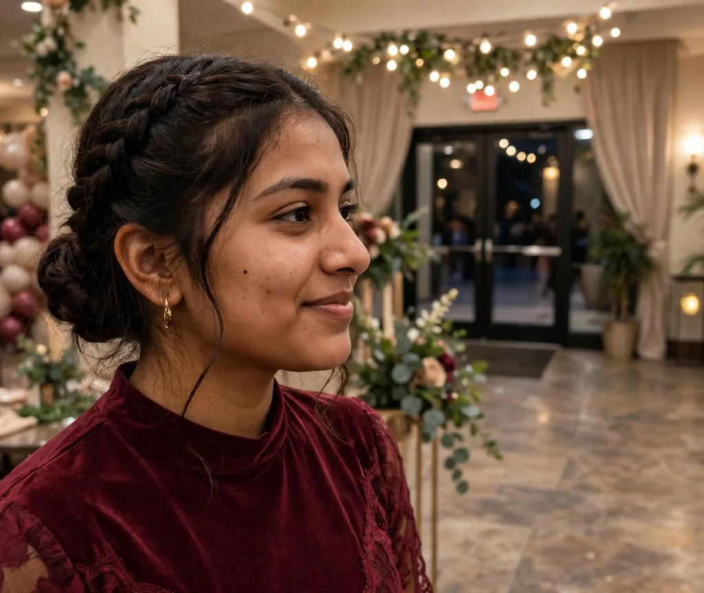 Dutch braid flowing into a low prom bun on dark brown hair