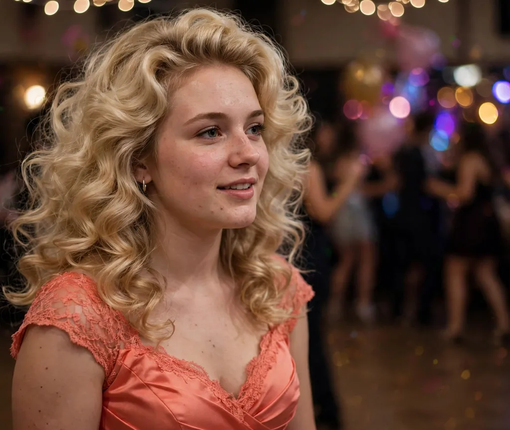Voluminous bouncy prom blowout with big soft curls on blonde hair