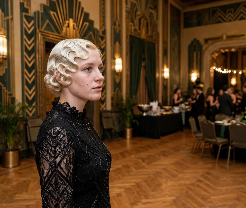 Vintage finger wave prom style with sculpted glamour on platinum blonde hair