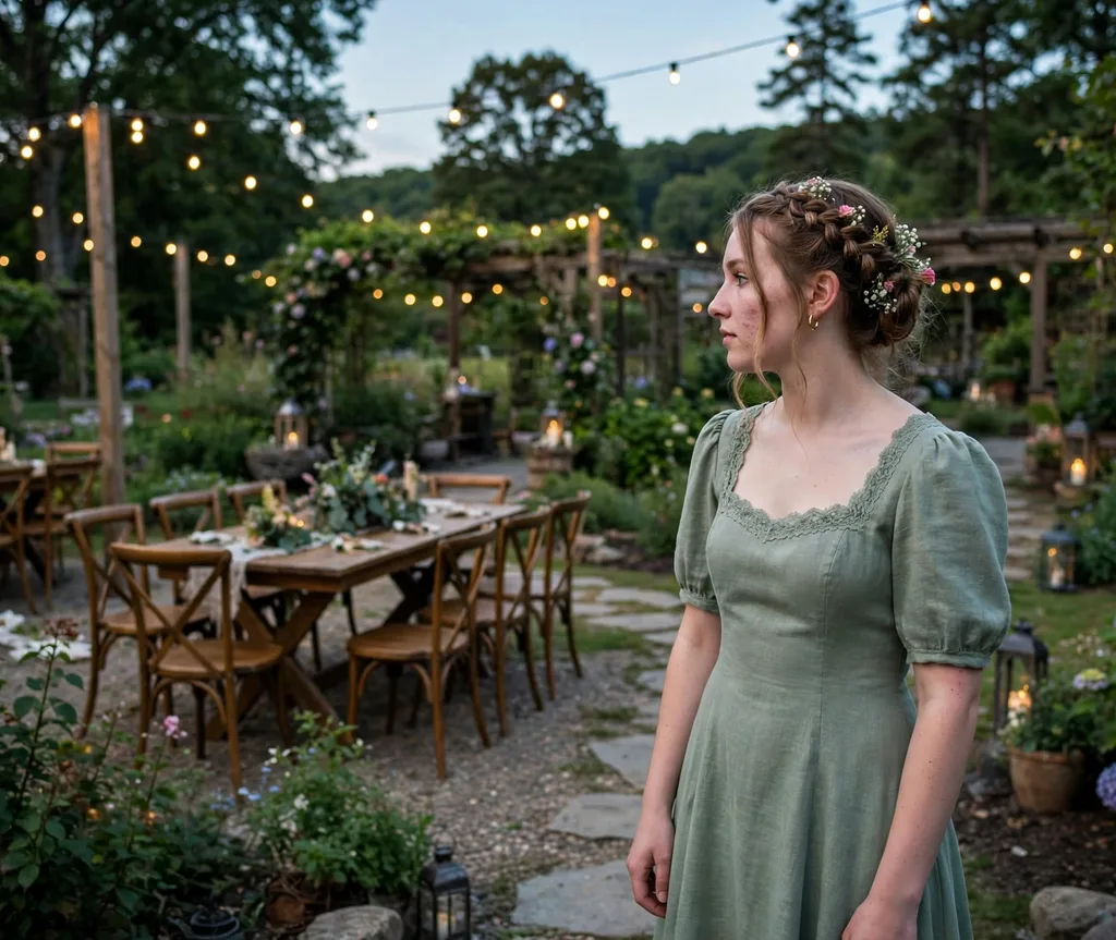 Boho braided prom updo decorated with small fresh flowers on light brown hair