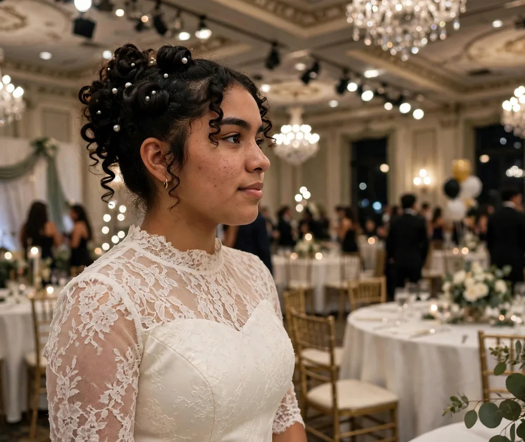 Curly prom updo pinned with pearl accessories on dark curly hair