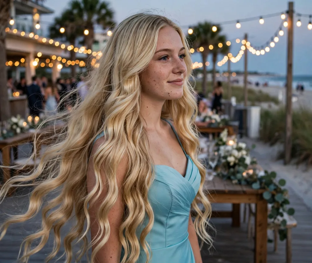 Mermaid wave prom hair, extra-long flowing waves on blonde hair
