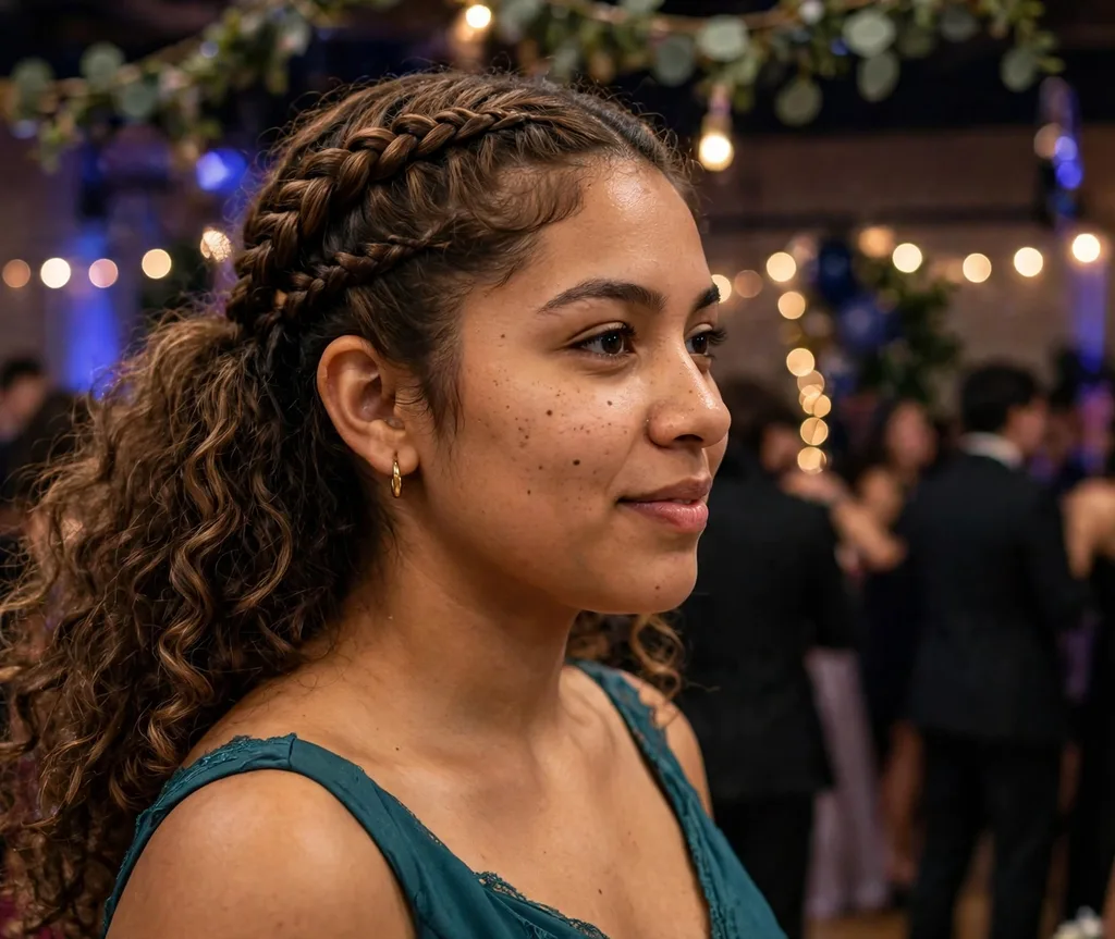 Double Dutch braids flowing into a curly prom ponytail on highlighted brown hair