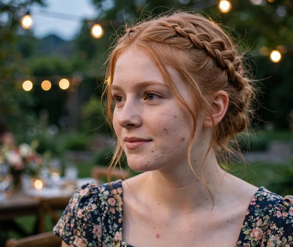 Romantic milkmaid braids wrapped over the crown on strawberry blonde hair