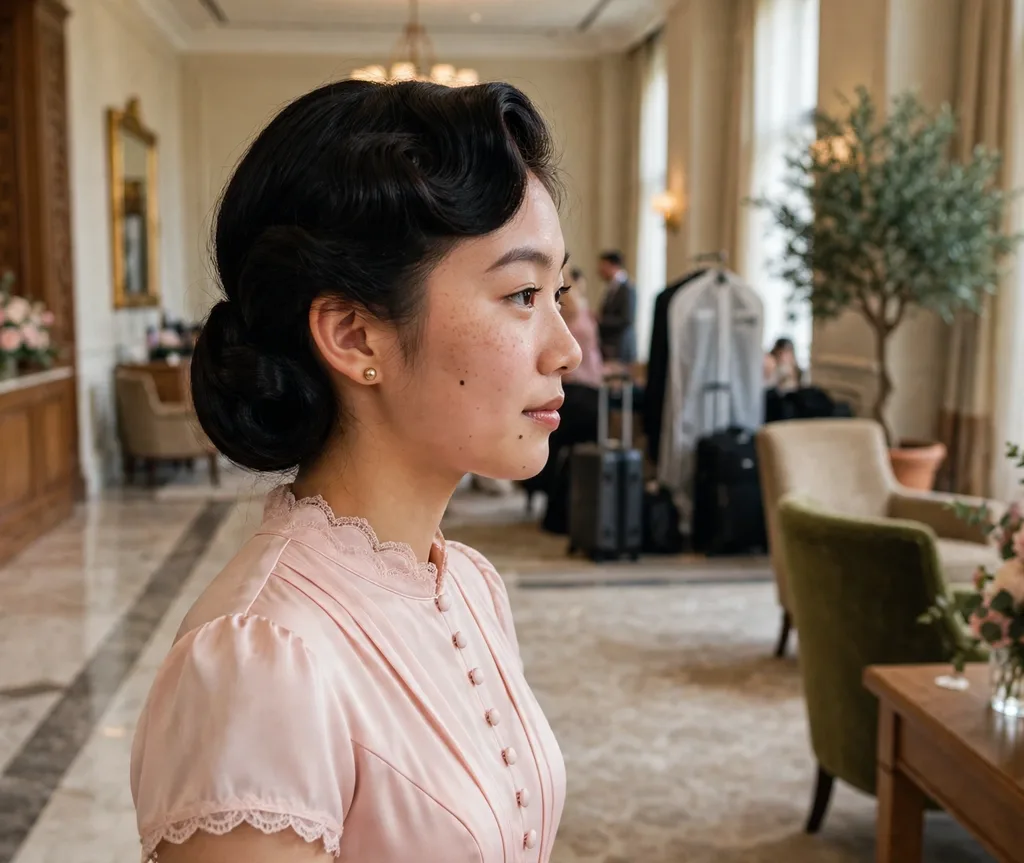 Elegant Gibson tuck prom updo, vintage rolled style on black hair