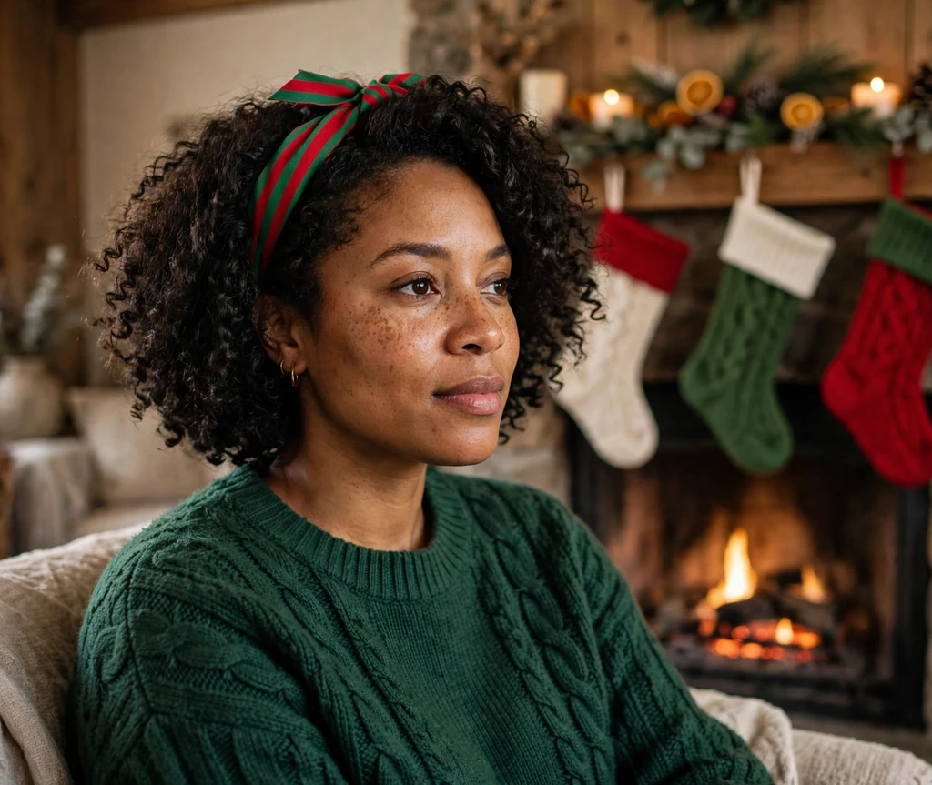 Peekaboo red and green color panels hidden in long dark wavy Christmas hair