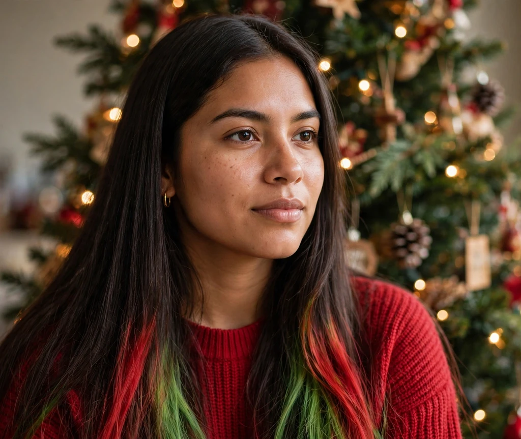 Long straight hair with dip-dyed red and green holiday ends