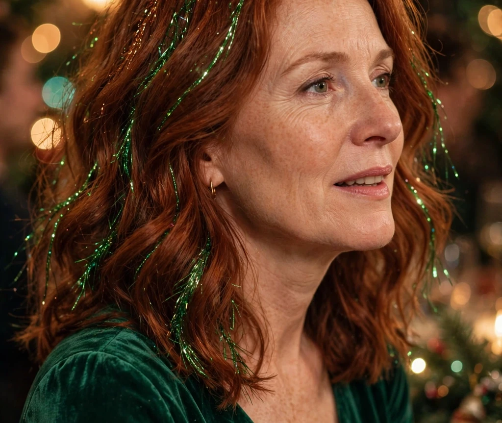 Auburn wavy hair with green tinsel extensions for a red and green Christmas look