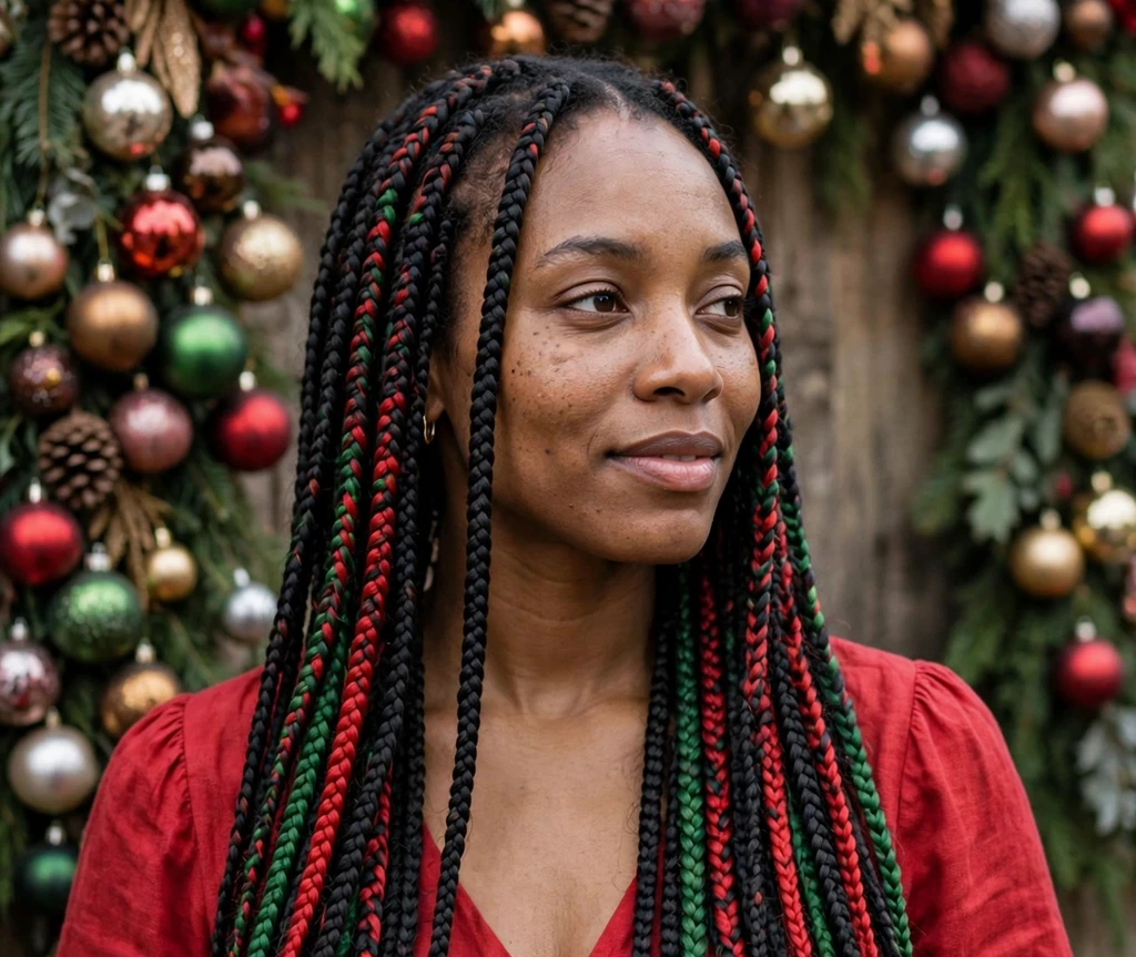 Long box braids blended with red and green braiding hair for Christmas