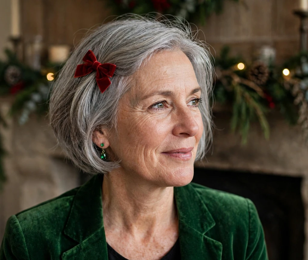 Silver gray bob with red velvet bow clip and green earrings for Christmas