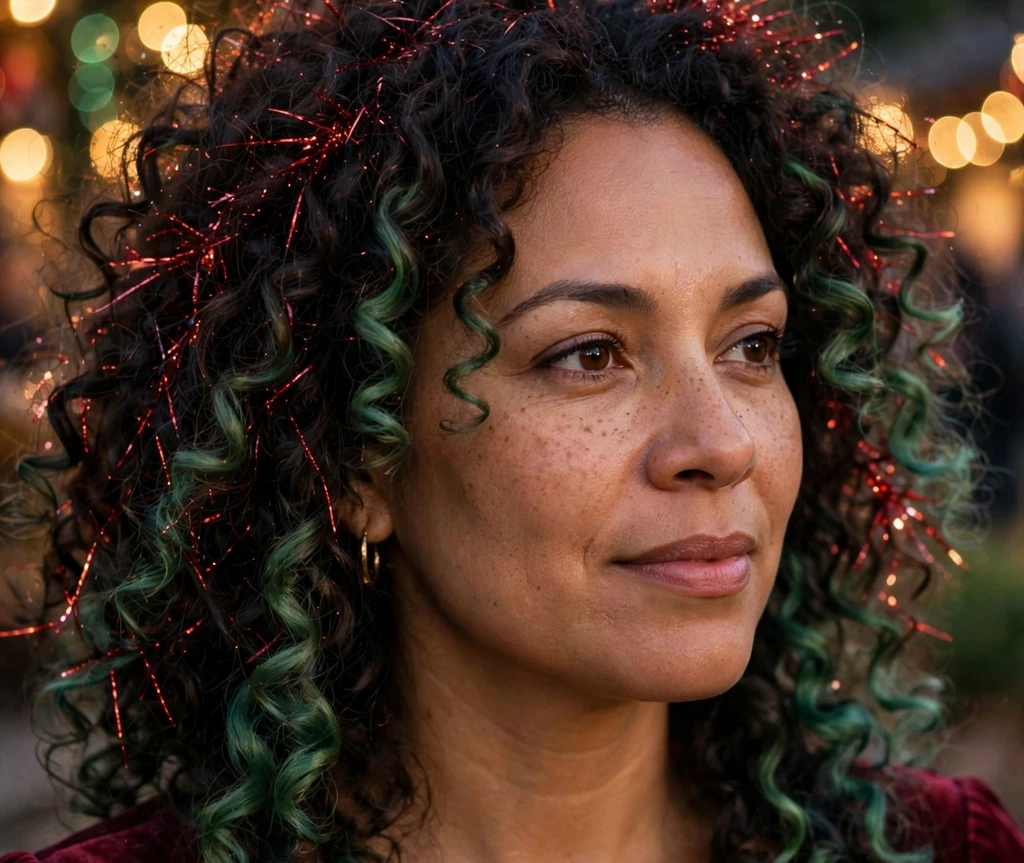 Dark curly hair with green tint and red tinsel streaks for Christmas