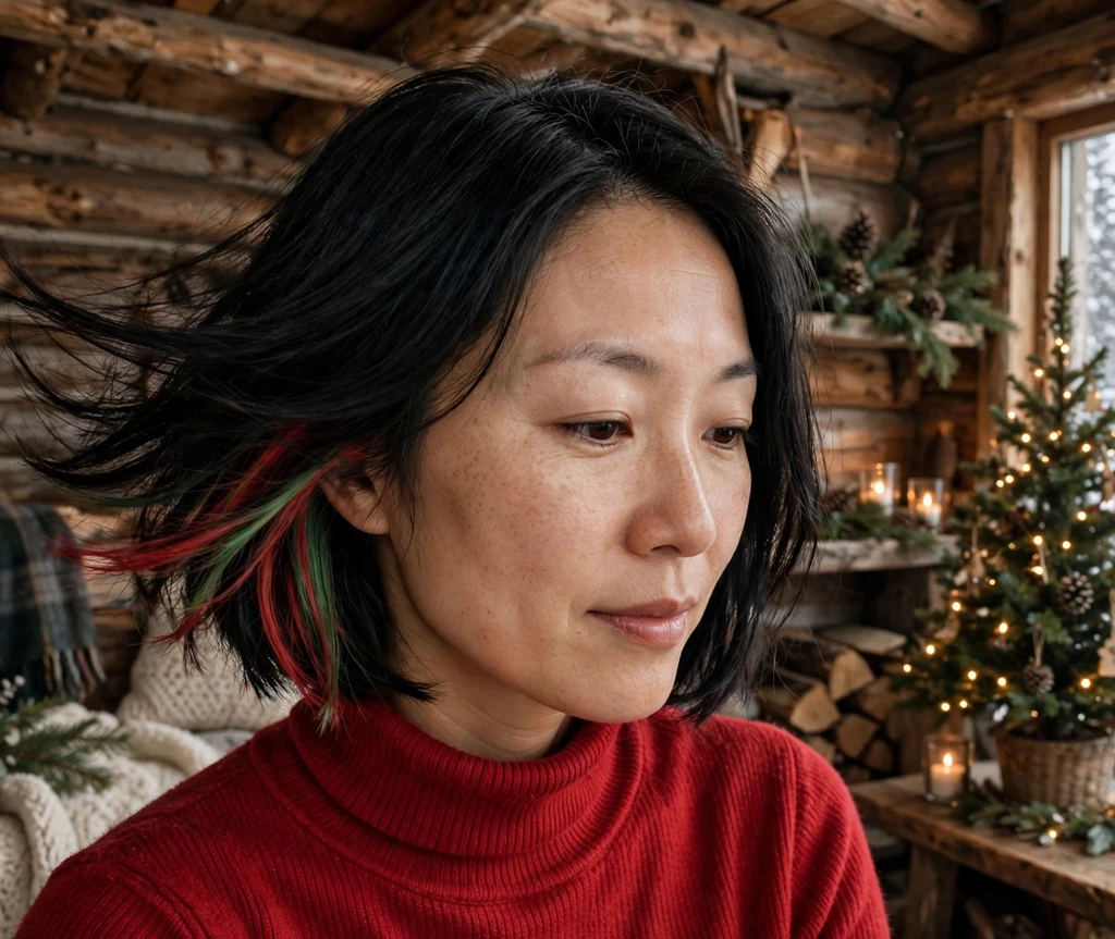 Chin-length black bob with red and green peekaboo underlayer for Christmas