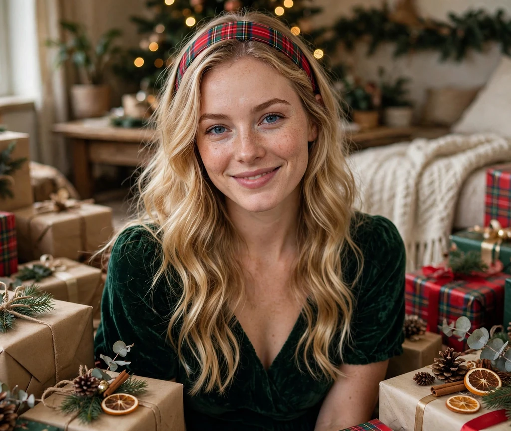 Long blonde waves with a red and green plaid headband for Christmas