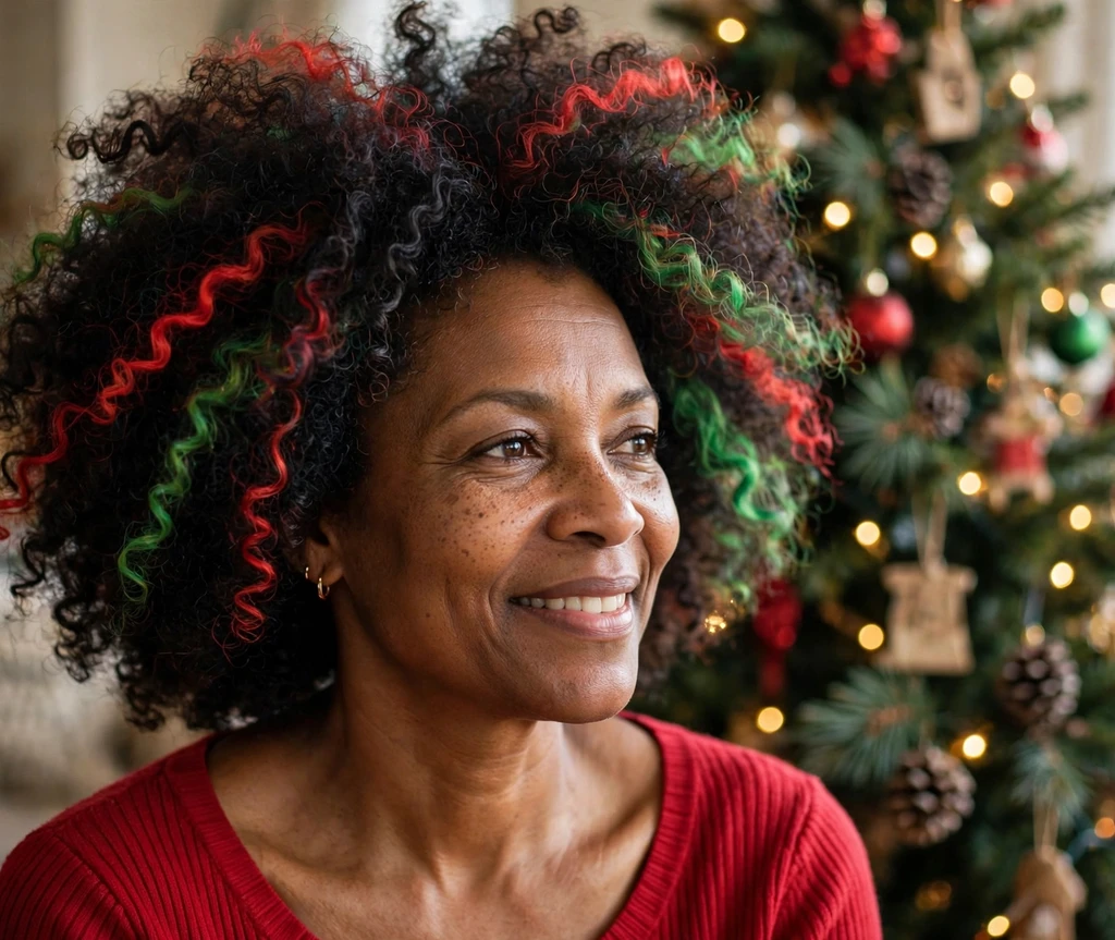 Natural afro with festive red and green color streaks for Christmas