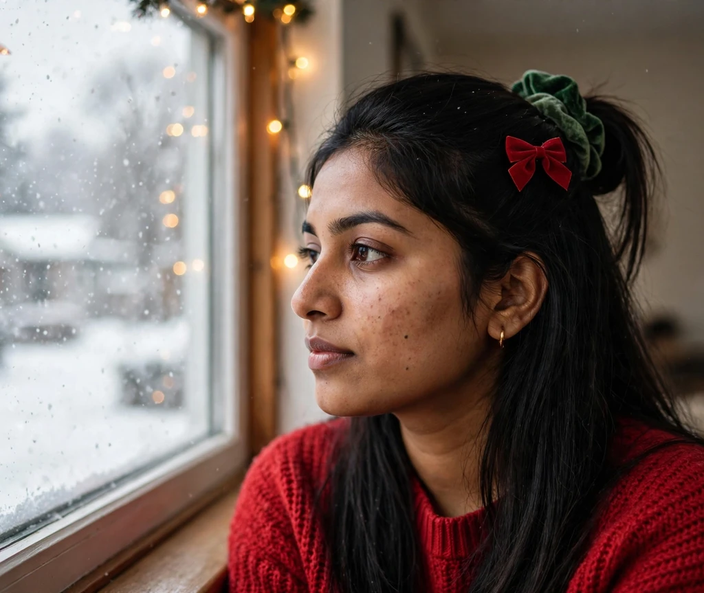 Half-up hairstyle with green scrunchie and red bow clip for Christmas