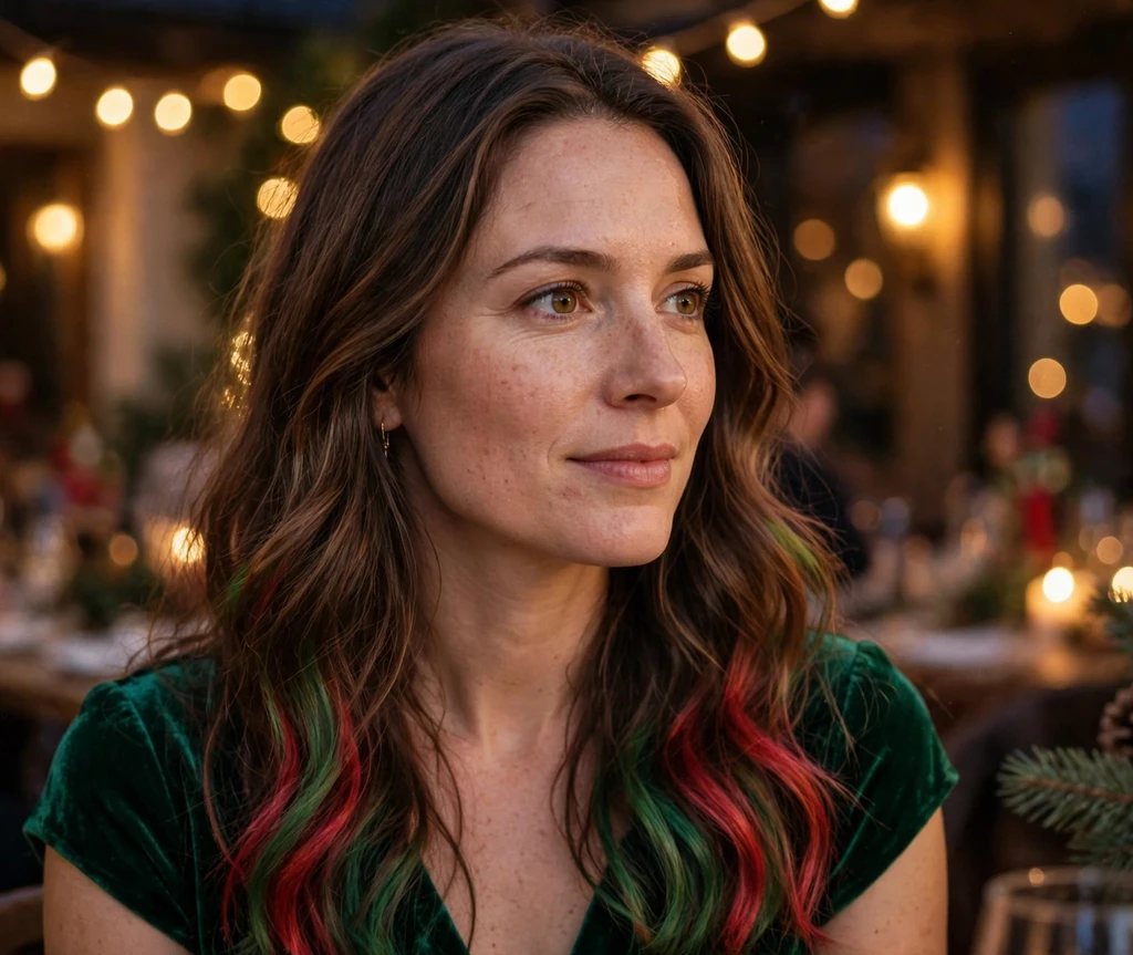Long balayage hair with red and green dip-dyed ends for Christmas