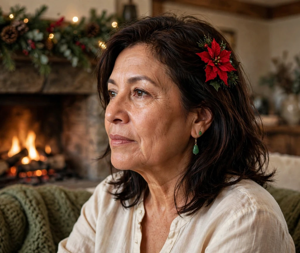 Layered hair with red poinsettia clip and green earrings for Christmas