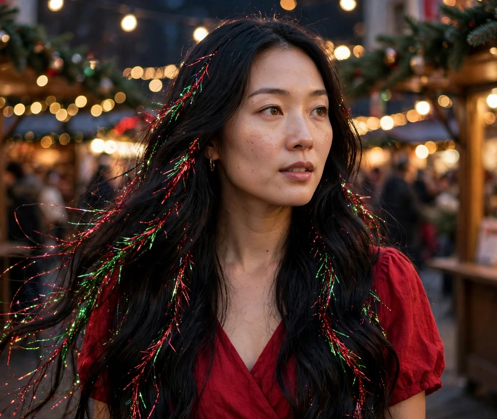 Very long black hair with red and green tinsel extensions for Christmas