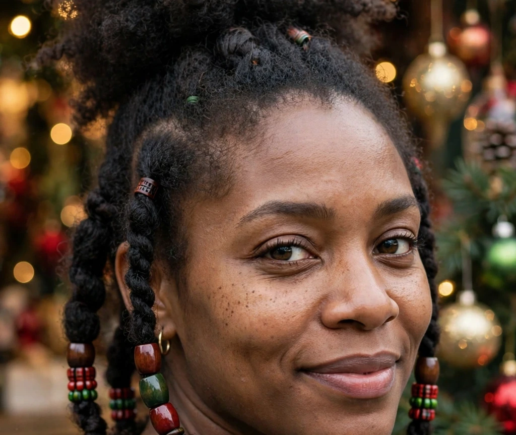 High natural puff with red and green beaded hair cuffs for Christmas