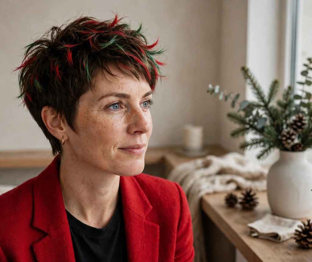 Textured pixie cut with red and green colored tips for Christmas