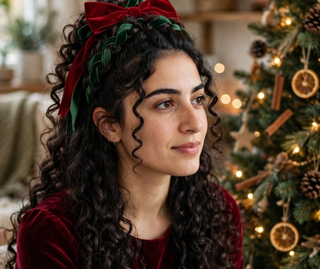 Long ringlet curls with red velvet bow and green ribbon for Christmas