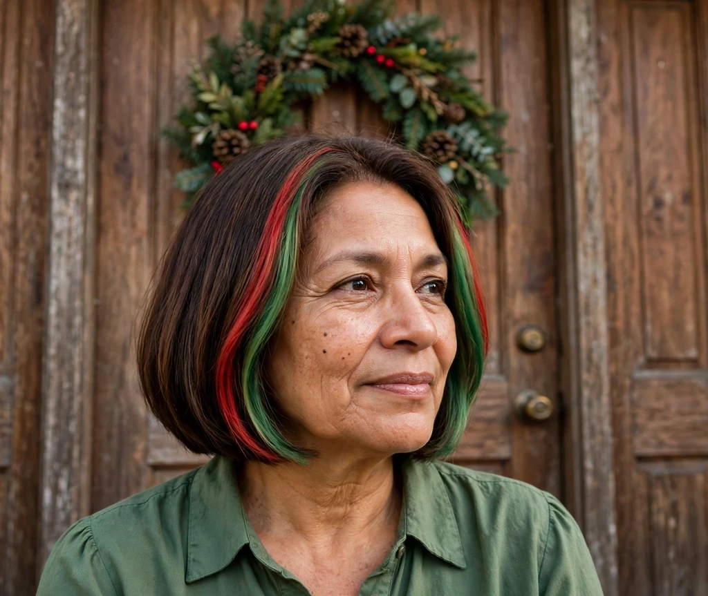 Chin-length bob with red and green money-piece face-framing panels for Christmas
