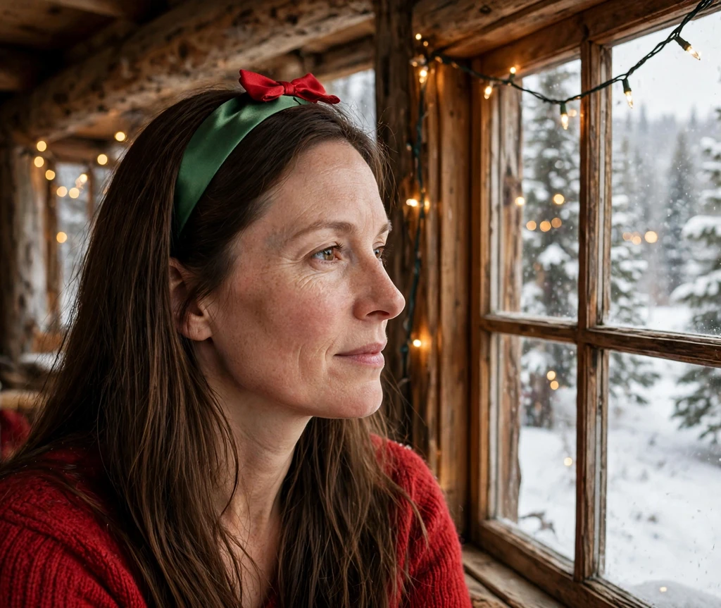 Long straight hair with green headband topped with a red bow for Christmas