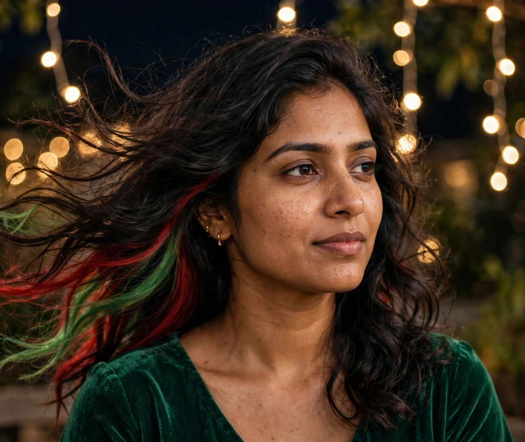 Long dark waves with hidden red and green peekaboo color for Christmas