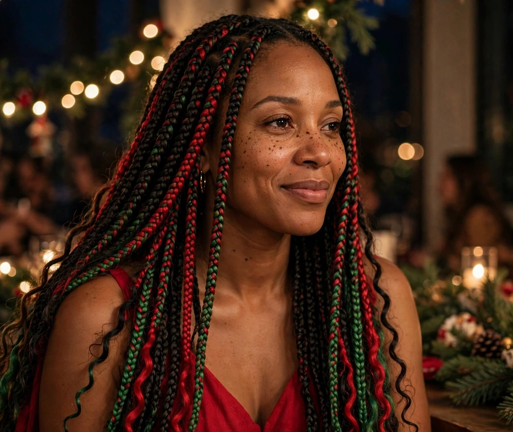 Long goddess braids with red and green ombre braiding hair for Christmas