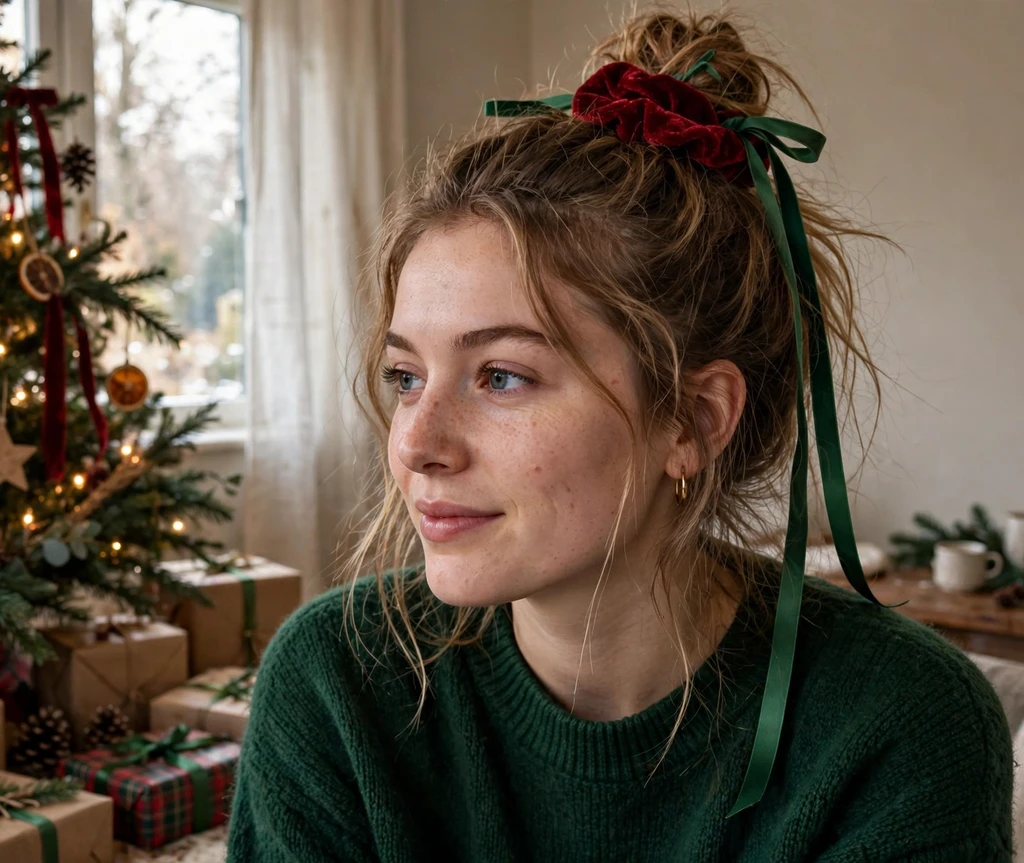 Messy top knot with red velvet scrunchie and green ribbon ties for Christmas