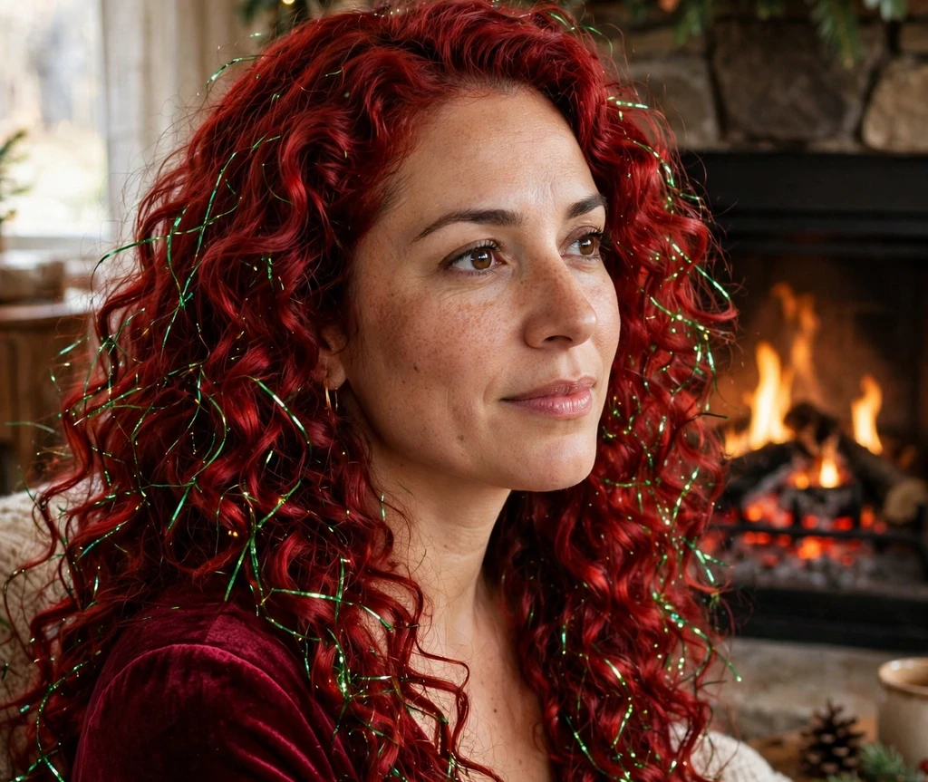 Long crimson red curls with sparkling green tinsel strands for Christmas