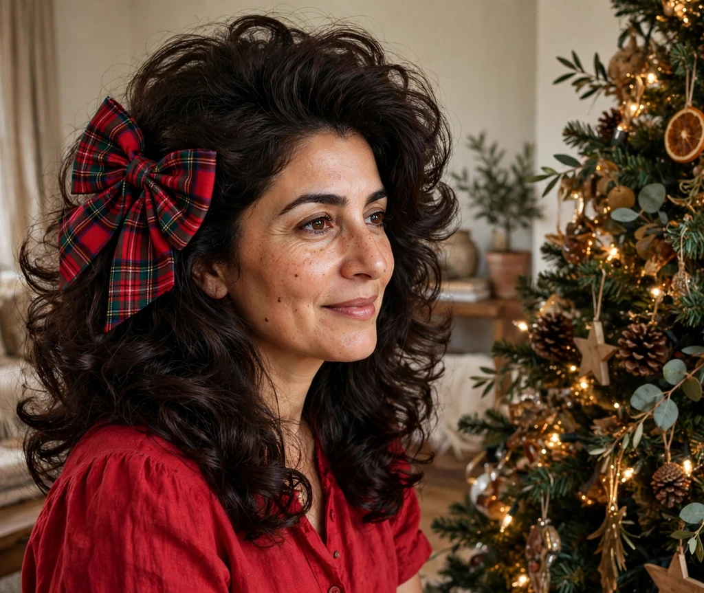 Voluminous blowout with red and green plaid bow for Christmas