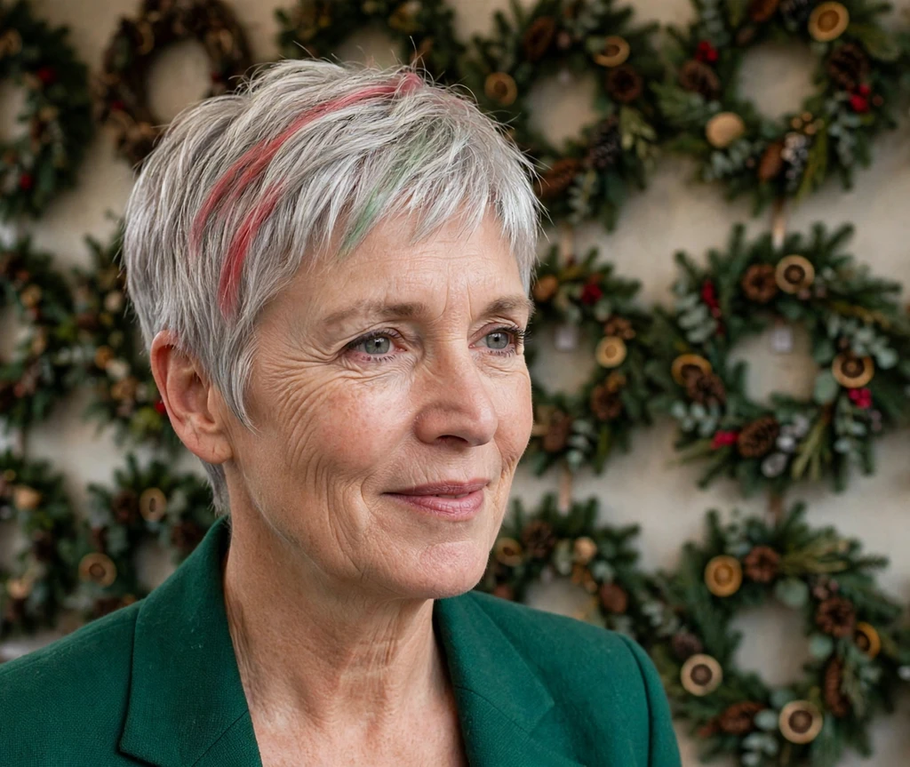 Silver pixie with pastel red and green color streaks for Christmas