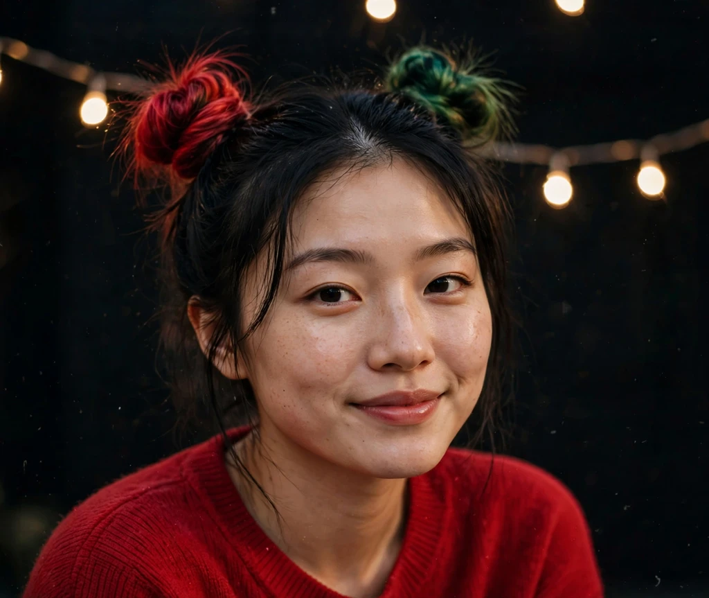 Two space buns dyed red and green for Christmas