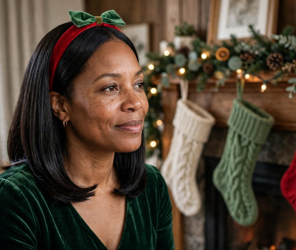 Sleek silk press with red velvet headband and green bow for Christmas