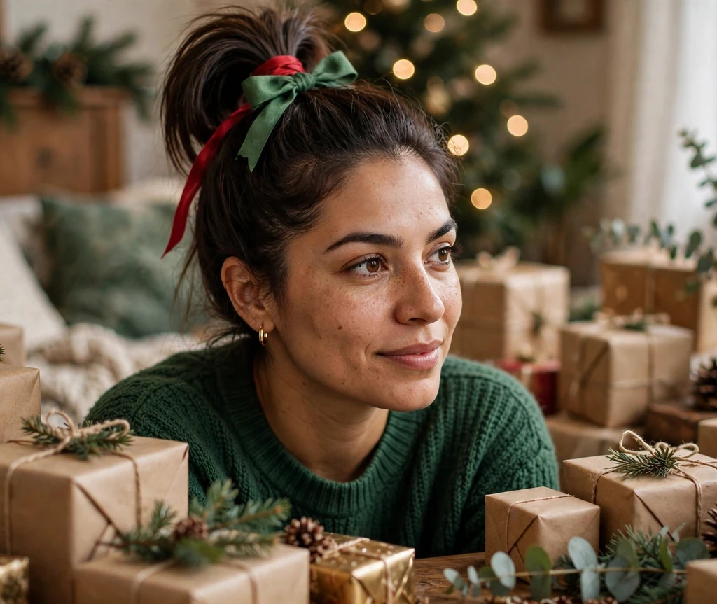 High ponytail wrapped with red ribbon and finished with green bow for Christmas