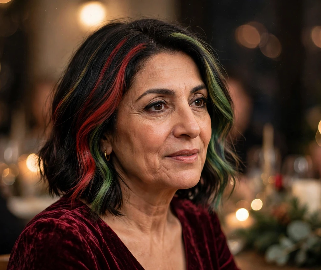 Shoulder-length lob with red and green balayage panels for Christmas