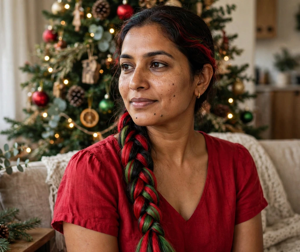 Long side braid with red and green extensions braided in for Christmas