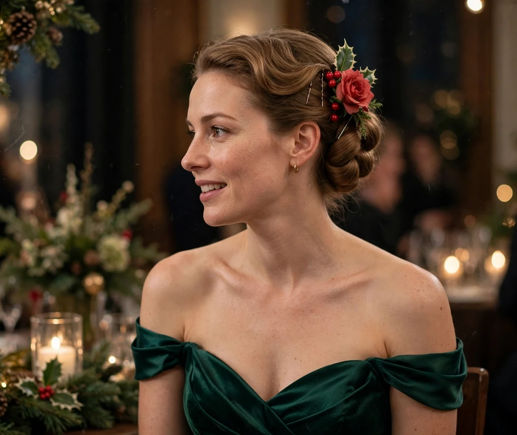 Elegant French twist pinned with red rose and holly sprigs for Christmas